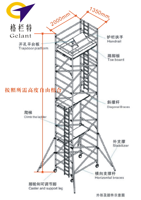 双宽垂直爬梯式铝合金脚手架图示